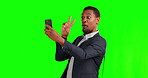 Green screen, selfie and businessman peace sign using a phone for a picture and travel on global journey for holiday. Social media, peace sign and man explore a getaway with  app, internet or online