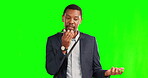 Green screen, phone and businessman on a voice message on mobile app talking and networking for corporate communication. Smartphone, conversation and man employee speaking on social media or online