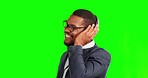 Business man, headphones and happy from music in a studio with audio and radio. Black male person, professional hear and green screen with career podcast, streaming and listening to a song track