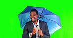 Green screen, happy and business black man with umbrella for rain, winter season and weather. Travel, professional and portrait of male entrepreneur on chromakey background for commute in studio