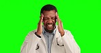 Stress, headache and male doctor in a studio with green screen for burnout or overworked. Migraine, pressure and African man healthcare worker with medical emergency isolated by chroma key background
