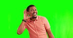 Listen, hear and black man on green screen with hand gesture for deaf, hearing problem and whisper. Communication, frustrated and portrait of male person asking for speaking loud, what and talking
