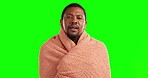 Cold, flu and face of black man in green screen studio with blanket, illness and allergies on mockup background. Influenza, portrait and African male with illness, virus or covid or tuberculosis 