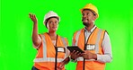People, architect and tablet on green screen for construction inspection against a studio background. Man and woman, engineer or contractor in architecture planning with technology on mockup space