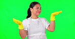 Cleaning, presentation and happy with woman on green screen for idea, choice and decision. Advertising, hygiene and show with portrait of person on studio background for offer, opinion and mockup
