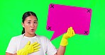 Surprise, cleaner and woman with a speech bubble on a green screen for service communication. Wow, mockup and face portrait of a cleaning girl with a board for bad news or an faq in studio with space