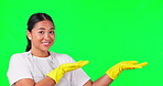 Cleaning, presentation and space with woman on green screen for idea, choice and decision. Advertising, hygiene and show with portrait of person on studio background for offer, opinion and mockup