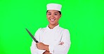 Chef, woman and portrait with a knife on a green screen with smile and pride for career or industry. Face of happy asian person or cook with tools for cooking, marketing or advertising for restaurant