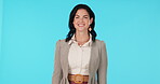 Financial advisor, happy and portrait of a woman smile and confident isolated in a studio blue background. Small business, entrepreneur and young female employee with pride and excited for a law firm