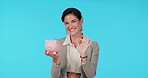 Piggy bank, happy and woman portrait with perfect sign. in studio for saving, success or investment on blue background. Banking, face and lady with money box and okay hands for budget, growth or loan