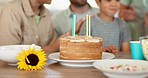 Birthday cake, candle and happy family celebrate with applause, singing and sweets together in home. Happiness, excited celebration and congratulations, people at kids party with dessert and candles.