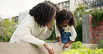 Mother, learning and child in garden with plants, teaching kid or bonding. African mom, girl and education outdoor in nature for vegetables, food and agriculture for growth, farming together and care