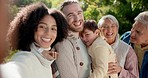 Selfie, face and a big family laughing in nature for love, memory or bonding in Australia. Smile, together and portrait of parents, grandparents and a child taking a photo in a park on vacation