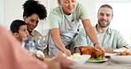 Diversity, serving turkey food or happy family dinner, eating lunch meal or sharing at Thanksgiving buffet. Grandmother, reunion and senior woman, father or mother bond, hungry and enjoy turkey meat 