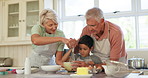 Grandparents, love and teaching child cooking in a kitchen preparing a meal together in a home while bonding. Food, grandmother and grandfather with kid learning nutrition as care and support