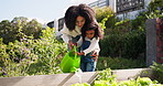 Mother, girl and water plants in garden, learning and teaching for bonding. African mom, happy child and watering can in nature for vegetables, food or agriculture education for growth in farming.