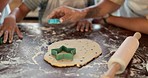 Cookie dough, hands and baking, people in kitchen with bonding, teaching and teaching baker skill with development. Countertop, cooking and process to bake with flour, bakery tools and helping