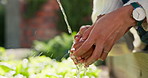 Water, hydration and a mother washing hands with a child outdoor in the garden for hygiene or self care. Family, cleaning and health with a parent teaching her kid about skincare in the backyard