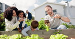 Family, farming and plants in home garden, learning and teaching for bonding. Children, happy parents and gardening outdoor with African mom and dad for vegetables, food or agriculture education.