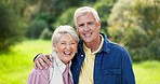 Face, funny and senior couple in nature, having fun and bonding together. Portrait, happy and elderly man and woman laughing at comedy, smile and enjoying quality time outdoor on vacation with love.