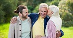 Face, kiss and senior parents with son, having fun and bonding together. Portrait, family and elderly mother and father with man laughing at funny comedy, happy and enjoying quality time in nature.