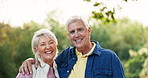 Face, funny and senior couple in nature, having fun and bonding together. Portrait, happy and elderly man and woman laughing at comedy, smile and enjoying quality time outdoor on vacation for love.