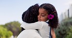 Mother, flower and hug in nature with girl for embrace, bonding and affection outdoor. Happy mom, cuddle with African kid and floral plant for love, care and enjoying quality time together as family