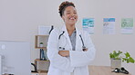 Healthcare, trust and arms crossed with a doctor black woman in her hospital office for an appointment. Portrait, medical and cardiology with a happy young female medicine professional in a clinic