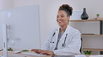Doctor, face and woman with computer for healthcare, communication and consulting email. Happy, medicine and portrait of a nurse in a clinic office, typing on a pc and working on medical consultation