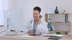 Online communication, woman doctor on a phone call and at her desk in a modern office. Social networking or tech, conversation or connectivity and female surgeon with her smartphone for consultant