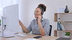 Online communication, woman with headset and with computer at her desk in a modern office. Social networking or telemarketing, customer service or help and call centre agent speaking for support