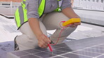 Solar panels, multimeter and engineering hands for power check, installation or maintenance. Closeup of electrician, tools and inspection of energy saving electricity, photovoltaic system and rooftop