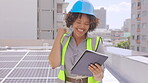 Engineering, face and success of black woman with tablet for cheering on solar energy rooftop. Happy portrait, female electrician and celebrate with fist, digital technology and winning plan in city