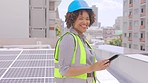 Solar energy, face and tablet of black woman on rooftop for planning city maintenance. Happy portrait, female electrician or digital technology of power grid, photovoltaic system or online inspection