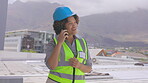 Woman, phone call and happy engineer talking, chat or conversation with contact on roof. Smartphone, architect smile and African person speaking, communication or discussion in city for construction