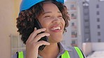Phone call, woman and funny architect talking, chat or  conversation with contact in city. Smartphone, engineer and African person speaking, communication and laughing for construction in industry.