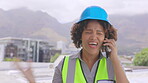Phone call, woman and engineer with problem, conflict or  conversation with contact on city rooftop. Smartphone, architect and African person speaking, communication and argument, fight or frustrated