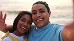Happy couple, video call or selfie on beach for vlog, online post or memory together by the ocean coast. Portrait of man and woman enjoying time by the sea, waves or water for social media or capture