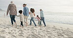 Generations, beach and children walking with holding hands   for quality time in summer on holiday. Love, kids and big family with support at ocean for vacation of bonding with adventure in outdoor.