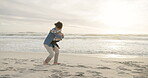 Beach, girl and running to hug in dad arms, embrace with love, support and happiness together on holiday, vacation or sunset. Ocean, waves and excited child run to father for care and hugging