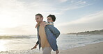 Family, father and child at beach for piggyback ride on holiday or vacation for bonding fun. Man carry girl kid on back for quality time, travel adventure and wellness by the ocean for sunset walk