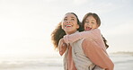 Mother, girl and piggyback at beach, vacation and bonding to travel outdoor at sunset. African mom, kid and care by ocean, happy and enjoying quality time together at sea with mockup for adoption.