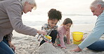 Children, playing and sand with grandparent at beach for fun on holiday in summer for weekend. Girls, travel and senior man or woman with happiness or bonding with children, toys for quality time. 