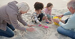 Girls, playing and grandparents with beach sand on vacation for bonding on weekend with relaxing or toys. Holiday, ocean and children with senior man or woman for quality time with care together.