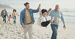 Family, grandparents and dad swing girl on beach, holiday or jump holding hands for fun, bonding and quality time on vacation. Parents, children and happiness together with love, support or trust