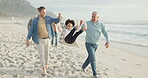 Family, beach and dad swing girl with grandparents on holiday or jump holding hands for fun, bonding on vacation. Parents, children and happiness playing together with love, support or quality time