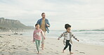 Family, father and children running on a beach together on holiday or vacation for bonding fun. Man and girl kids on sand for a race, chase or quality time at ocean for travel adventure and wellness