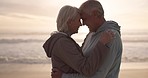 Dancing, beach and senior couple with love, sunset and romantic gesture with quality time, adventure or marriage. Romance, old man and elderly woman embrace, seaside vacation and dance with a journey