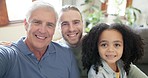 Men, family and selfie on s sofa with boy, father and grandparent bonding in their home together. Portrait, smile and senior man happy with son and grandchild in a living room for profile picture