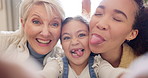 Grandmother, mother and child take a funny selfie as a crazy family in home and bonding together for love. Senior, goofy and elderly person with mom and kid or daughter with happiness and relax